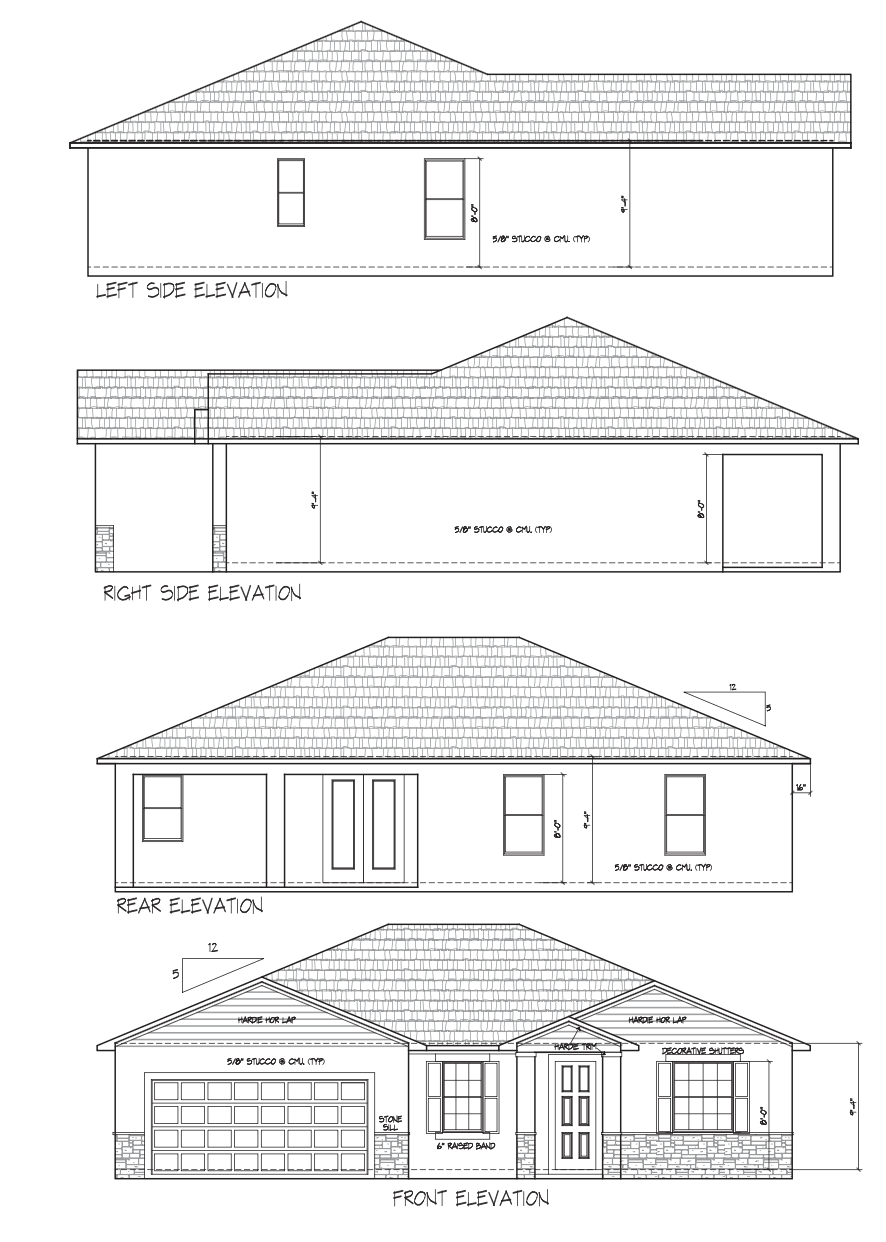 Architectural drawings of the front, rear, left and right elevations