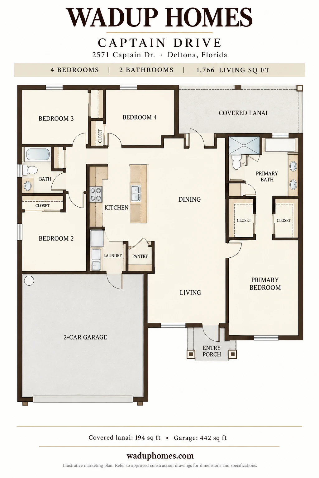 Captain Drive floor plan: bedrooms 2, 3 and 4 and the hall bath on one side, the primary bedroom with two closets and the primary bath on the other, kitchen with island, dining, living, laundry, pantry, covered lanai, entry porch and two-car garage