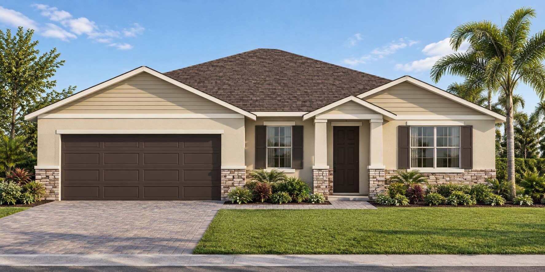 Conceptual rendering of the Captain Drive home: tan stucco single-story with lap-siding gables, stone accents, shutters and a two-car garage