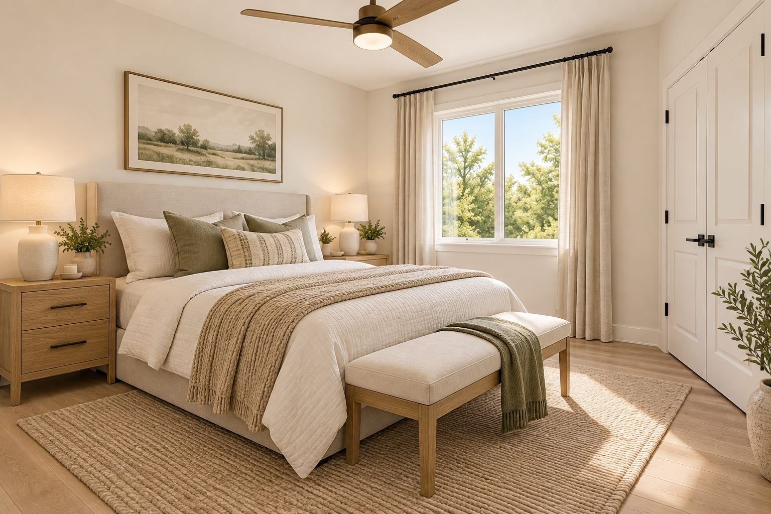 Conceptual interior rendering of a secondary bedroom with a double-door closet