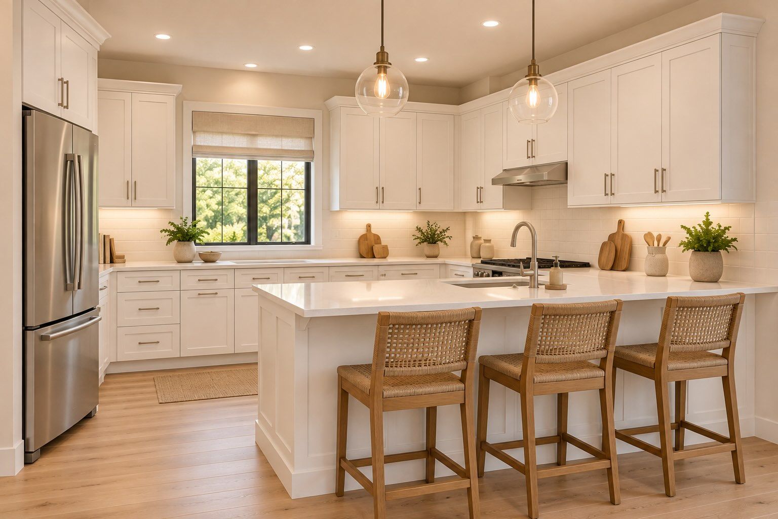 Conceptual interior rendering of the kitchen with white shaker cabinets, light counters, peninsula seating and stainless appliances