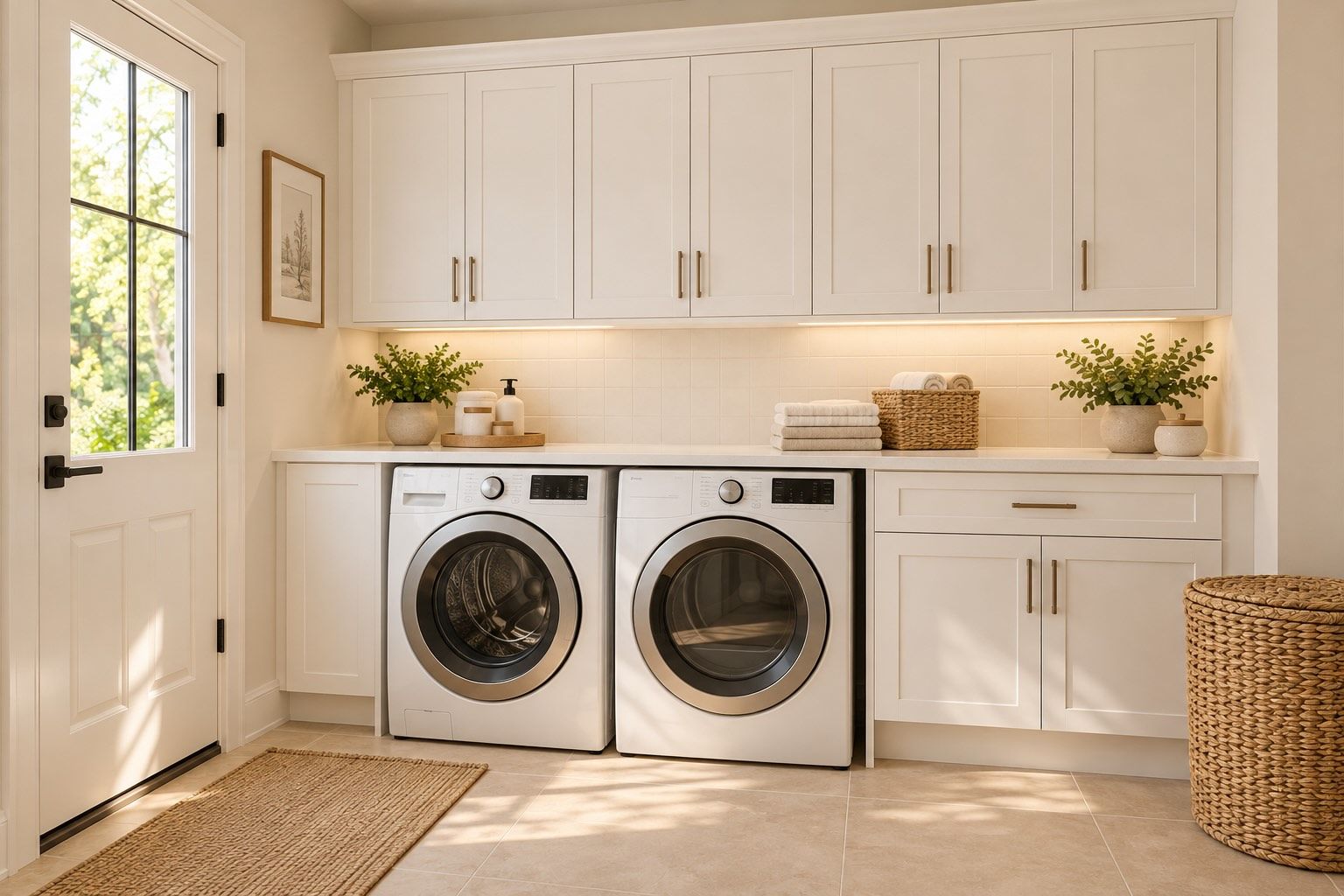 Conceptual interior rendering of the laundry room with upper cabinets and a folding counter