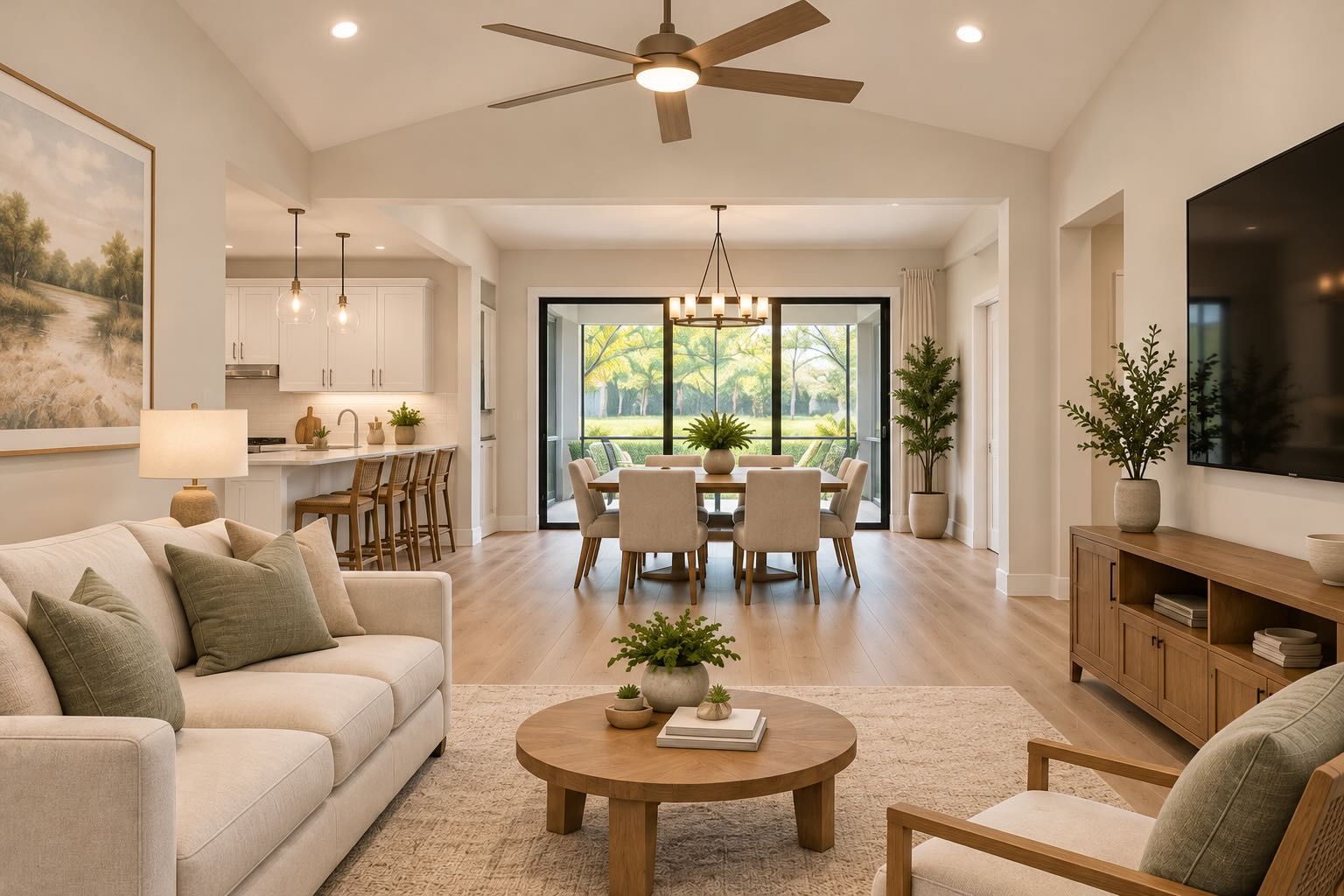 Conceptual interior rendering of the vaulted living room open to the dining area, kitchen and covered lanai