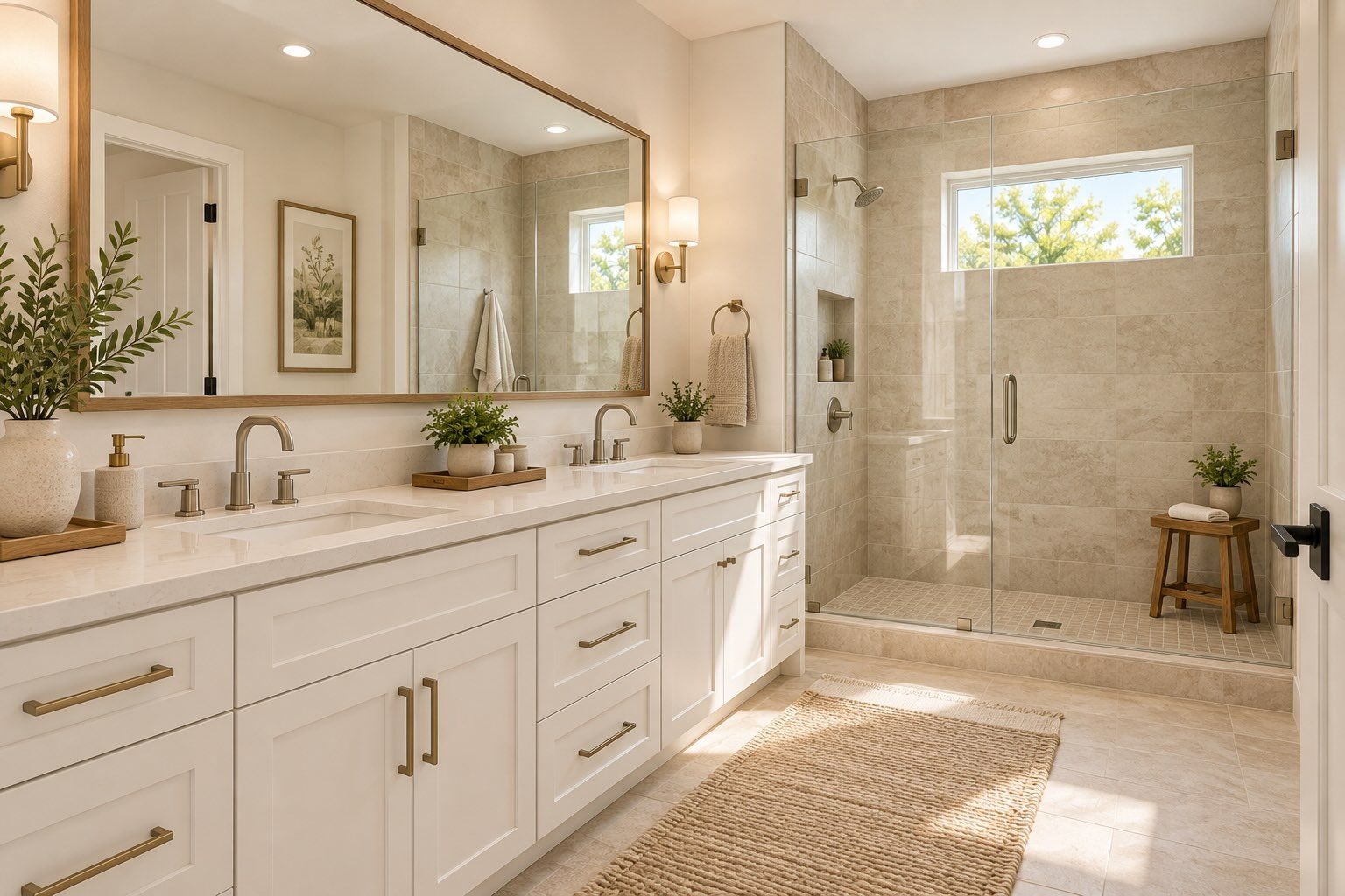 Conceptual interior rendering of the primary bath with a double vanity and walk-in glass shower