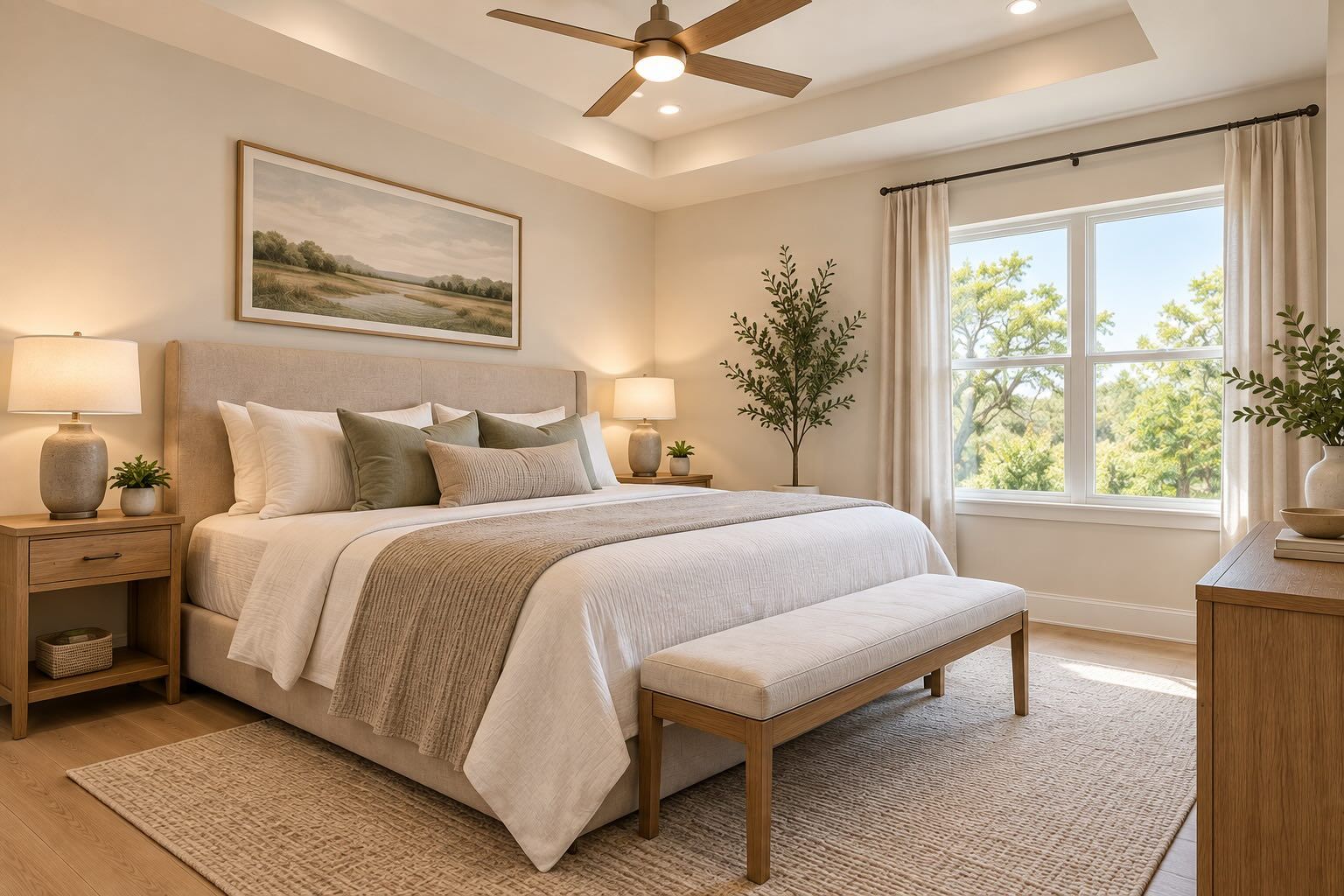 Conceptual interior rendering of the primary bedroom with a tray ceiling, ceiling fan and large window