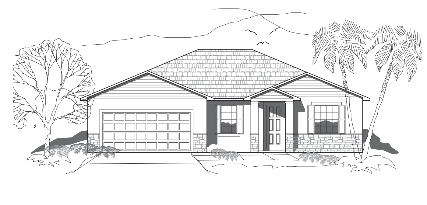 Black and white illustrated sketch of the front elevation