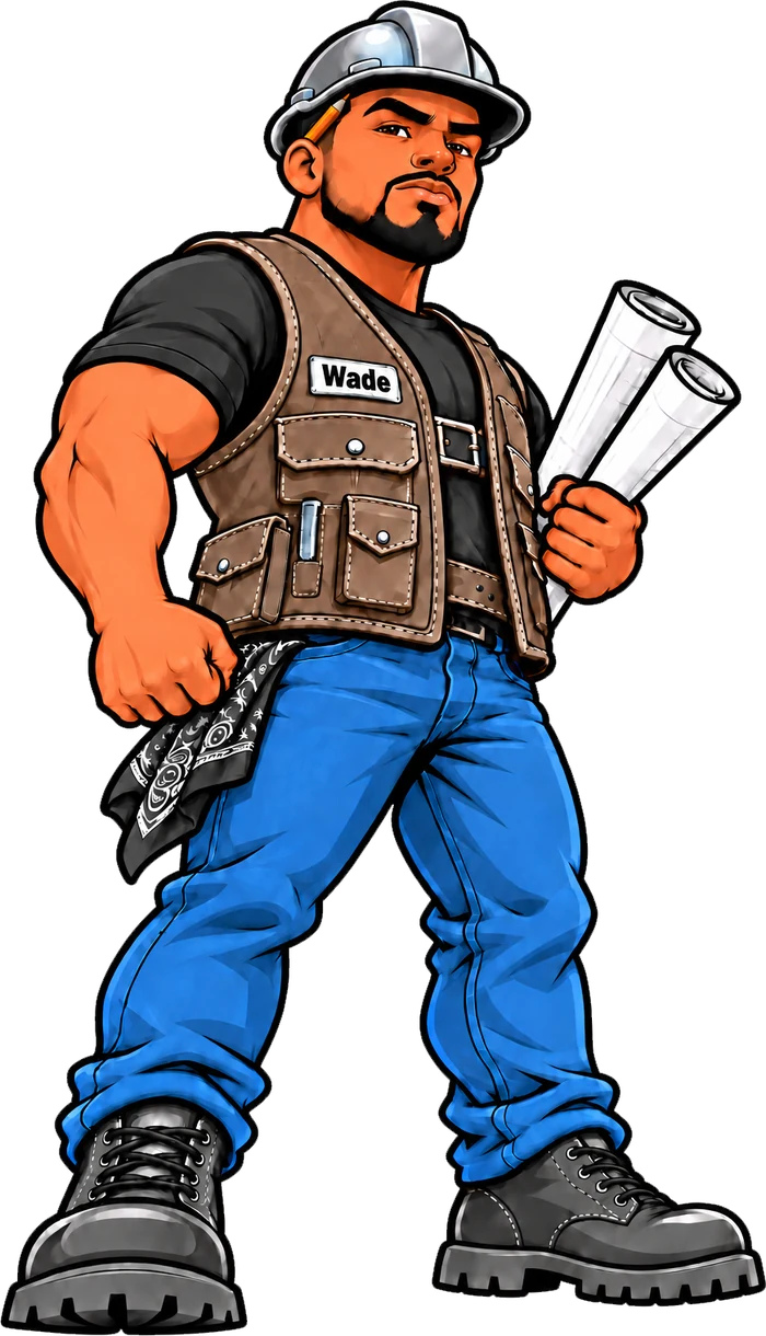 Wade, the Wadup Homes mascot, in a hard hat and leather tool vest holding rolled blueprints